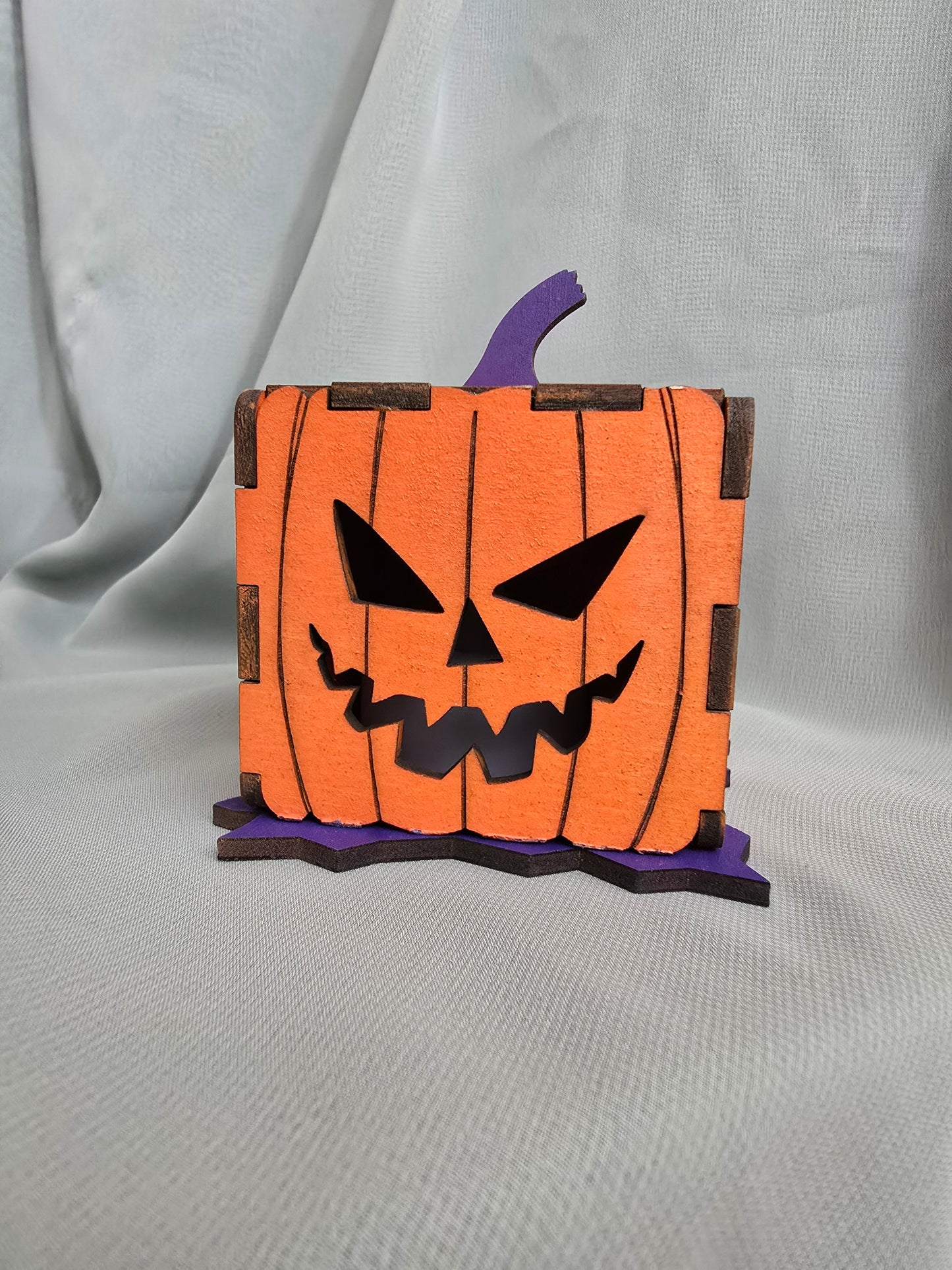 Halloween 3D Jack-O-Lantern Pumpkin, Laser Cut Plywood, Painted, w/ Tea Candle
