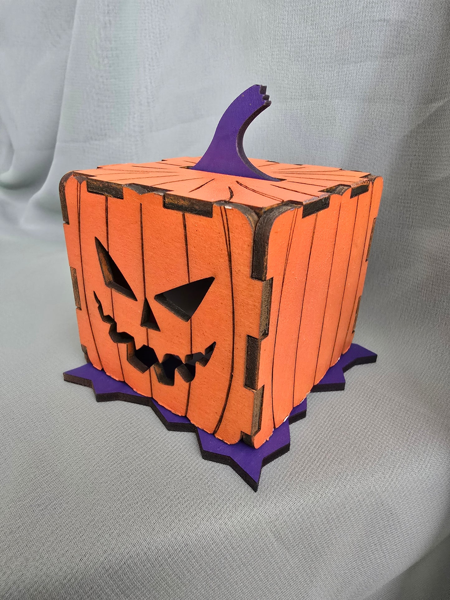Halloween 3D Jack-O-Lantern Pumpkin, Laser Cut Plywood, Painted, w/ Tea Candle