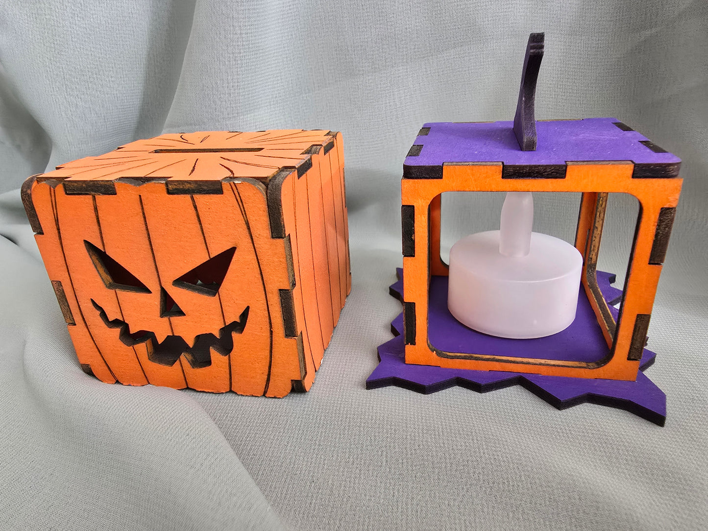 Halloween 3D Jack-O-Lantern Pumpkin, Laser Cut Plywood, Painted, w/ Tea Candle