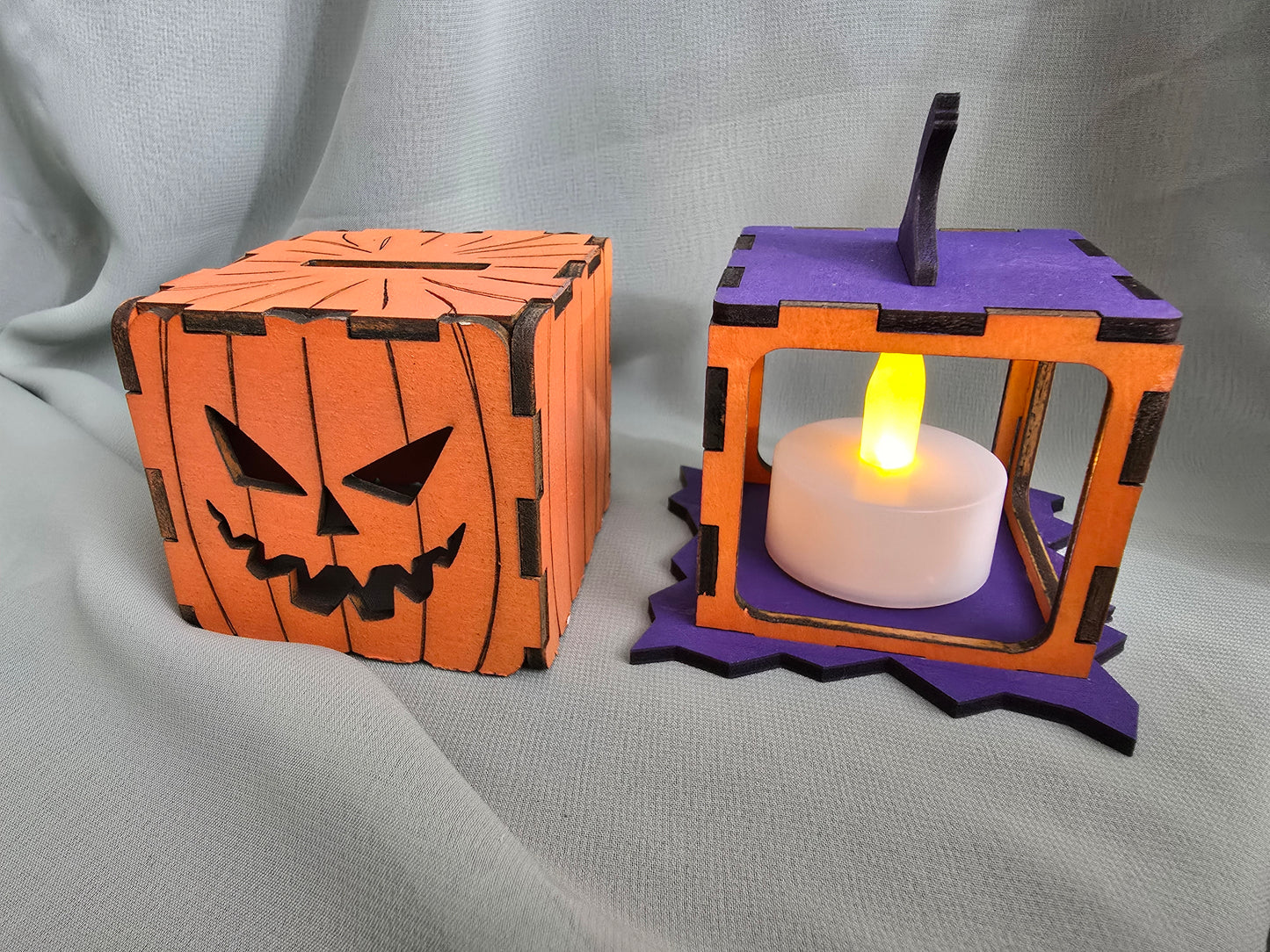 Halloween 3D Jack-O-Lantern Pumpkin, Laser Cut Plywood, Painted, w/ Tea Candle