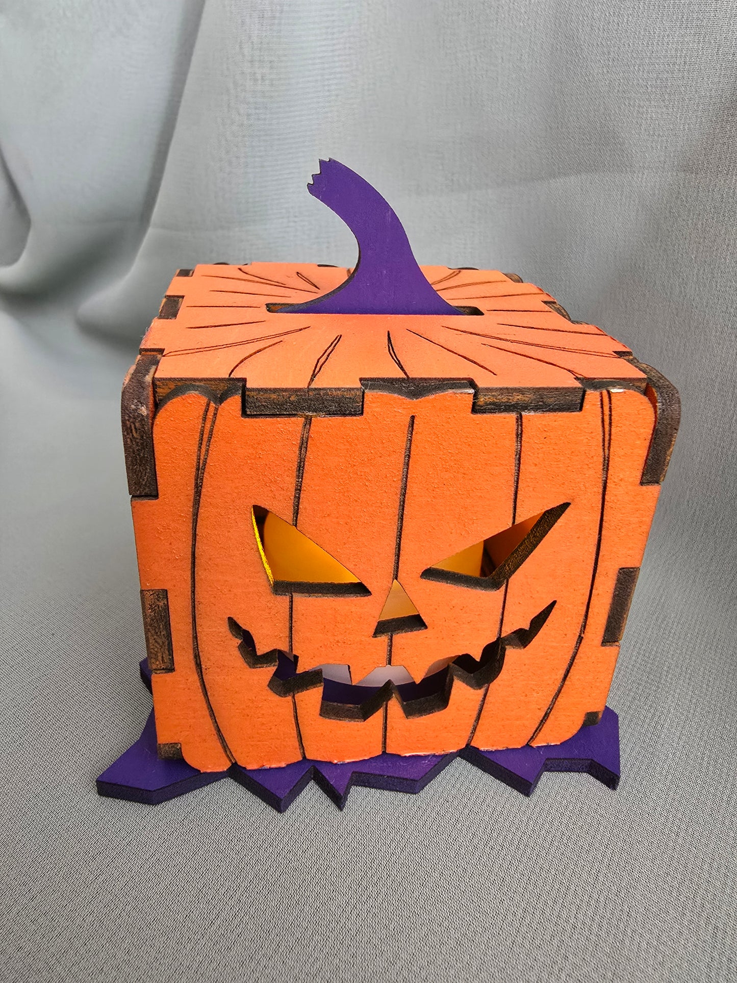 Halloween 3D Jack-O-Lantern Pumpkin, Laser Cut Plywood, Painted, w/ Tea Candle