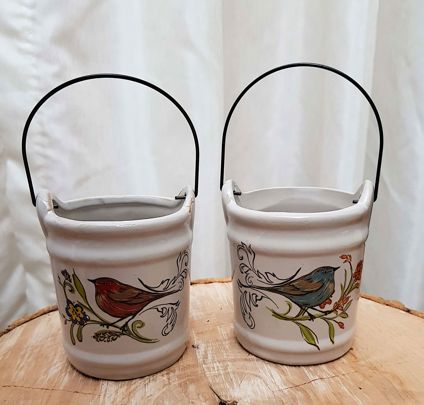 Vintage Ceramic Small Bucket With Metal Handle Bird Design Pottery