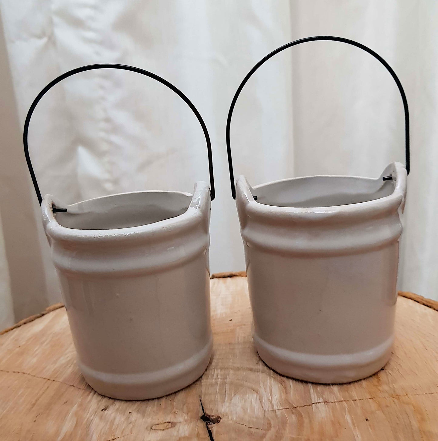 Vintage Ceramic Small Bucket With Metal Handle Bird Design Pottery