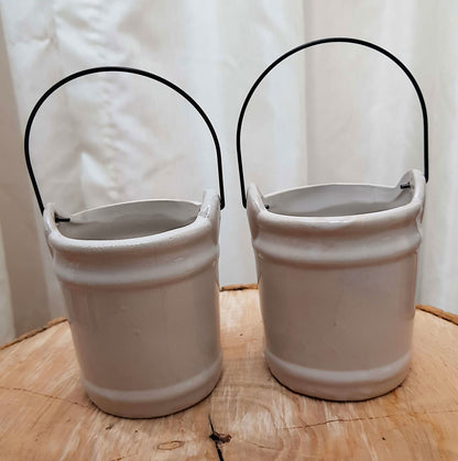 Vintage Ceramic Small Bucket With Metal Handle Bird Design Pottery