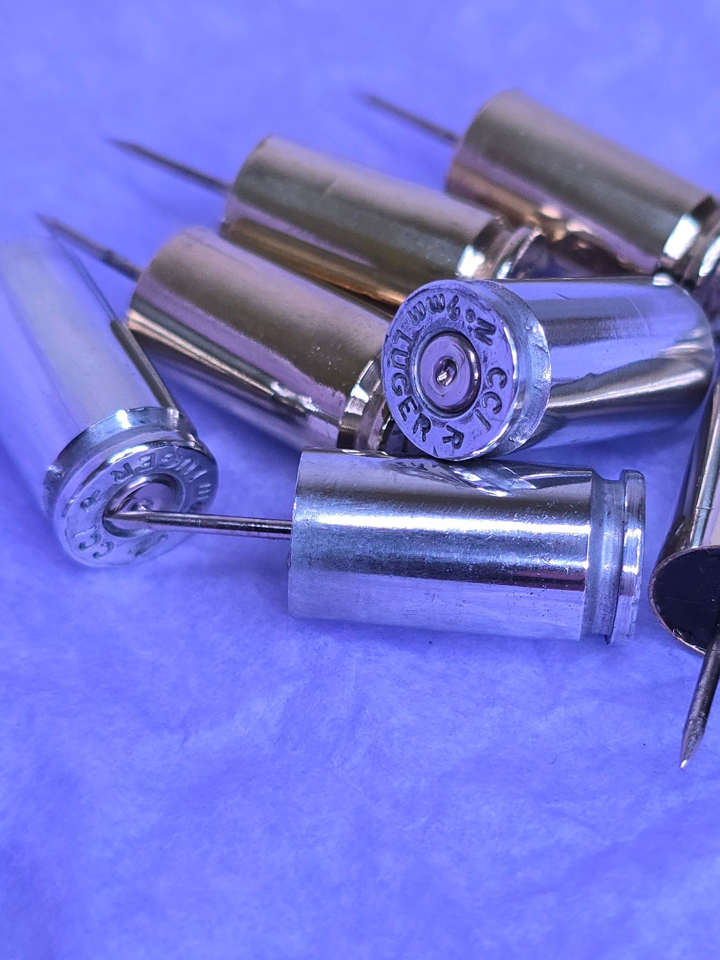 Once Fired 9mm Casings Push Pins - Set of 10 (5 pcs Brass + 5 pcs Aluminum)