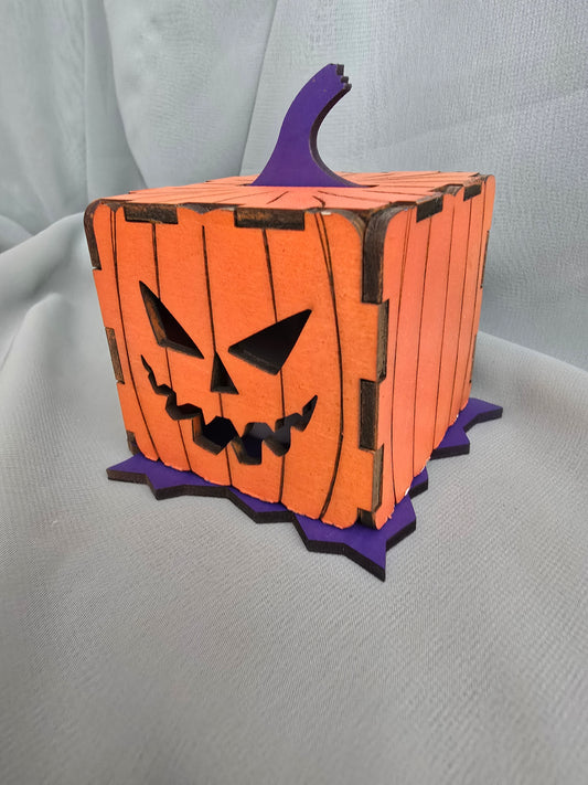Halloween 3D Jack-O-Lantern Pumpkin, Laser Cut Plywood, Painted, w/ Tea Candle