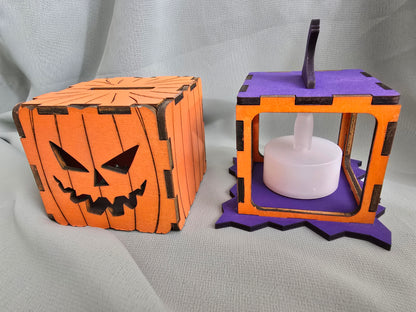 Halloween 3D Jack-O-Lantern Pumpkin, Laser Cut Plywood, Painted, w/ Tea Candle