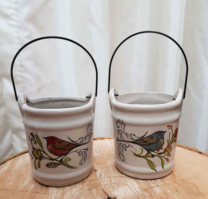 Vintage Ceramic Small Bucket With Metal Handle Bird Design Pottery