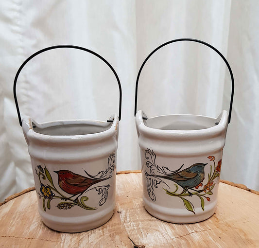Vintage Ceramic Small Bucket With Metal Handle Bird Design Pottery