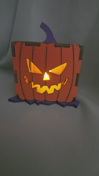 Halloween 3D Jack-O-Lantern Pumpkin, Laser Cut Plywood, Painted, w/ Tea Candle