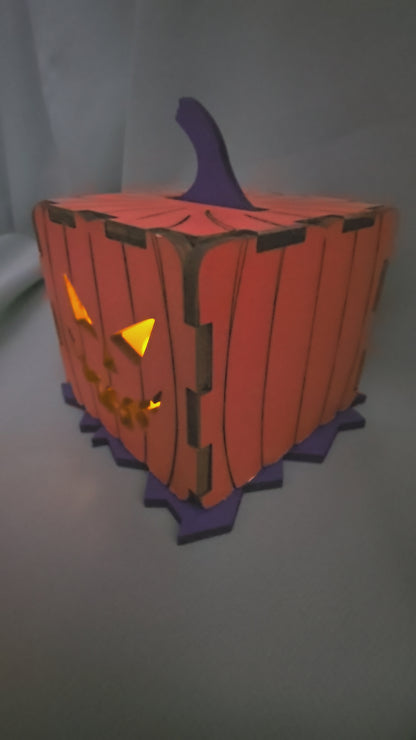 Halloween 3D Jack-O-Lantern Pumpkin, Laser Cut Plywood, Painted, w/ Tea Candle
